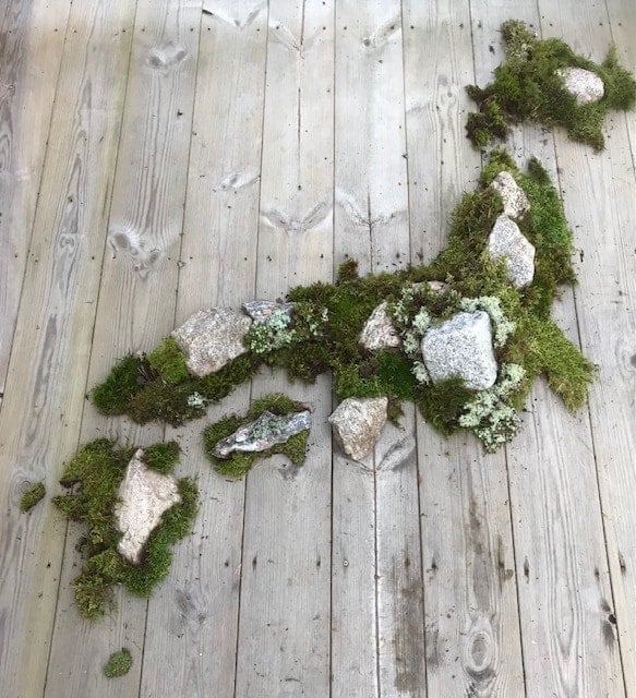 Jonas Nelson: "Day 15, Map made without using a computer. In 2004 I visited Japan, an amazing country, with beautiful moss gardens. I'd love to go there again. But until then, here is a map of Japan with rocks and moss from MY garden!" November 15 (<a href="https://twitter.com/JonasNelson19/status/1460176958394978311/photo/1"><strong>Tweet</strong></a>)