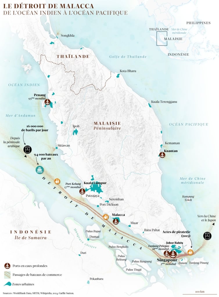 Gaëlle Sutton: "Le détroit de Malacca - Pour cette première carte de l'année, j'ai choisi le détroit de Malacca, qui relie l'océan Indien à l'océan Pacifique et permet le passage de 94 000 bateaux par an" [<em>"The Straits of Malacca - For this first map of the year, I've chosen the Straits of Malacca, which link the Indian and Pacific Oceans and allow the passage of 94,000 ships a year"</em>] January 6 (<a href="https://x.com/Gaelle_Sutton/status/1876213725101007214/photo/1"><strong>Tweet</strong></a>)
