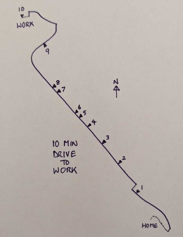 Kenneth Field: "Day 13: 10 minute map. A drive time map of my 10 minute commute to work made in less than 10 minutes," November 13 (<a href="https://bsky.app/profile/kennethfield.bsky.social/post/3m5jn7q4sxs2o"><strong>Bluesky</strong></a>)
