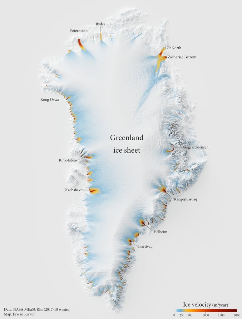 Erwan Rivault: "#30DayMapChallenge Day 17: Flow Visualising the flow of ice in Greenland," November 17 (<strong><a href="https://twitter.com/ErwanRivault/status/1725549029021437965/photo/1">Tweet</a></strong>)