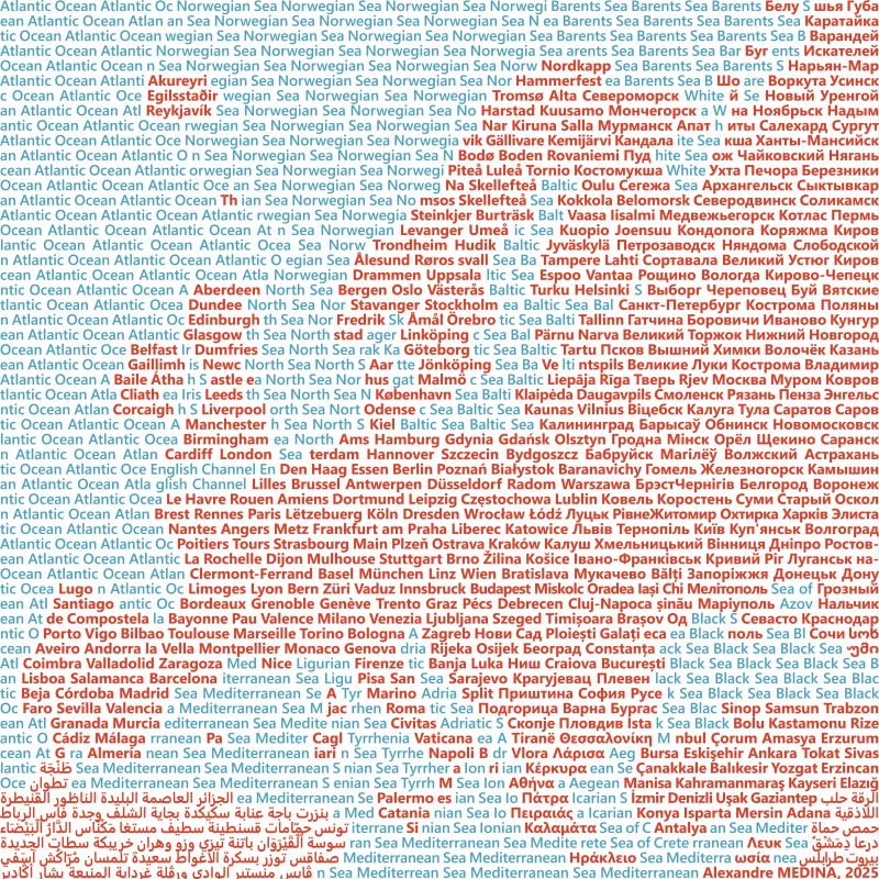 Alexandre Médina: "#30daymapchallenge · Jour 30 · Relooking Europe · Europa · Ευρώπη · Європа; Zoomez pour découvrir les villes d'Europe dans leur langue [...]" [<em>Zoom in to discover the cities of Europe in your own language</em>], November 30 (<a href="https://www.linkedin.com/feed/update/urn:li:activity:7400871933405347841/"><strong>LinkedIn</strong></a>)