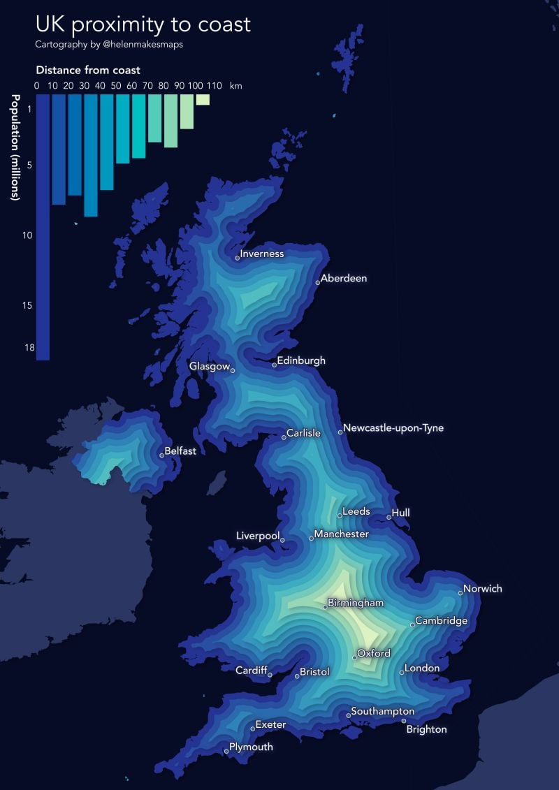 Helen McKenzie: "Day 3: polygons, UK proximity to coast, I've always wanted to figure this one out! Credit to Kurt Menke [who] inspired this," November 3 (<a href="https://www.linkedin.com/feed/update/urn:li:activity:7391138854860279810/"><strong>LinkedIn</strong></a>)