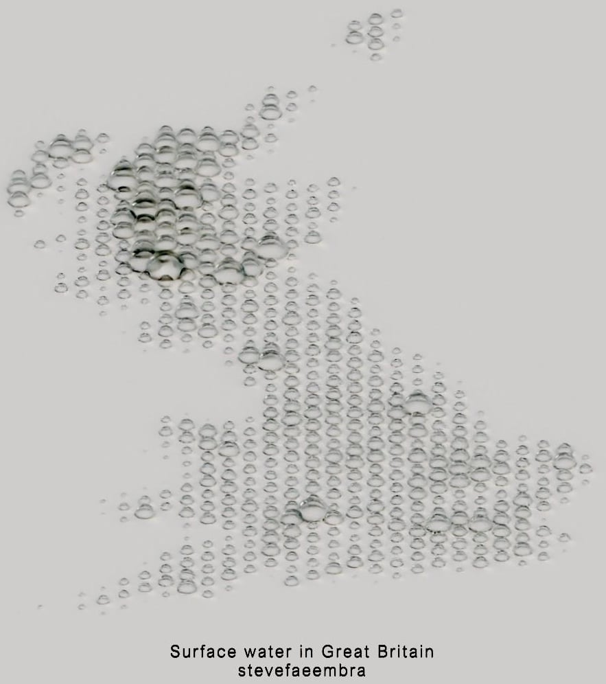stevefaeembra: "Day 16 Cells, One day late! Surface water area distribution in Great Britain, done as water droplet plot. Used a coarse hex grid (25km) to sum the area of surface water in each cell [...] Scotland's rocks tend to more volcanic/less porous than England's," November 17 (<a href="https://mapstodon.space/@stevefaeembra/115565996658694737"><strong>Mapstodon</strong></a>)