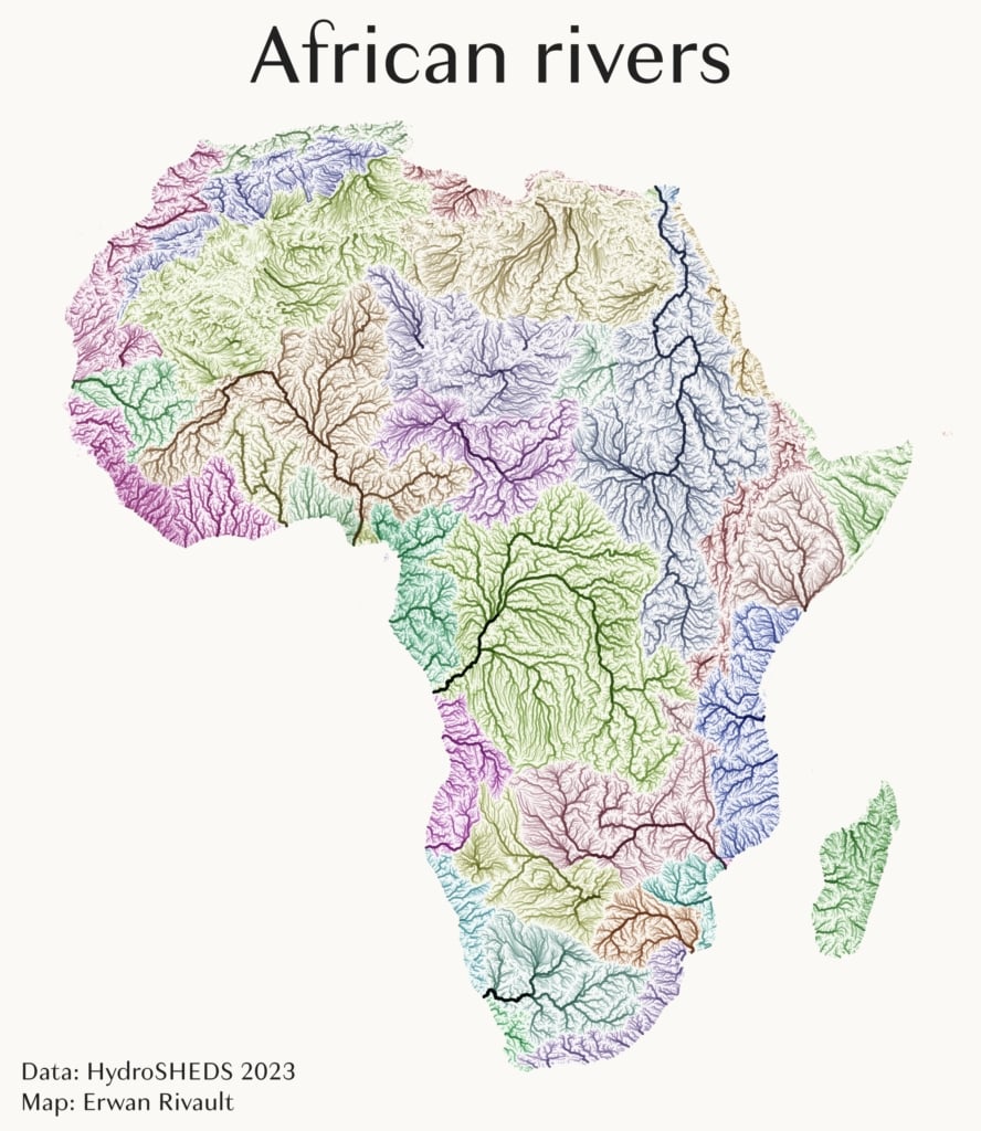 Erwan Rivault: "#30DayMapChallenge Day 8: Africa All African rivers mapped by Strahler stream order and coloured by basin," November 8 (<strong><a href="https://twitter.com/ErwanRivault/status/1722302387908476968">Tweet</a></strong>)