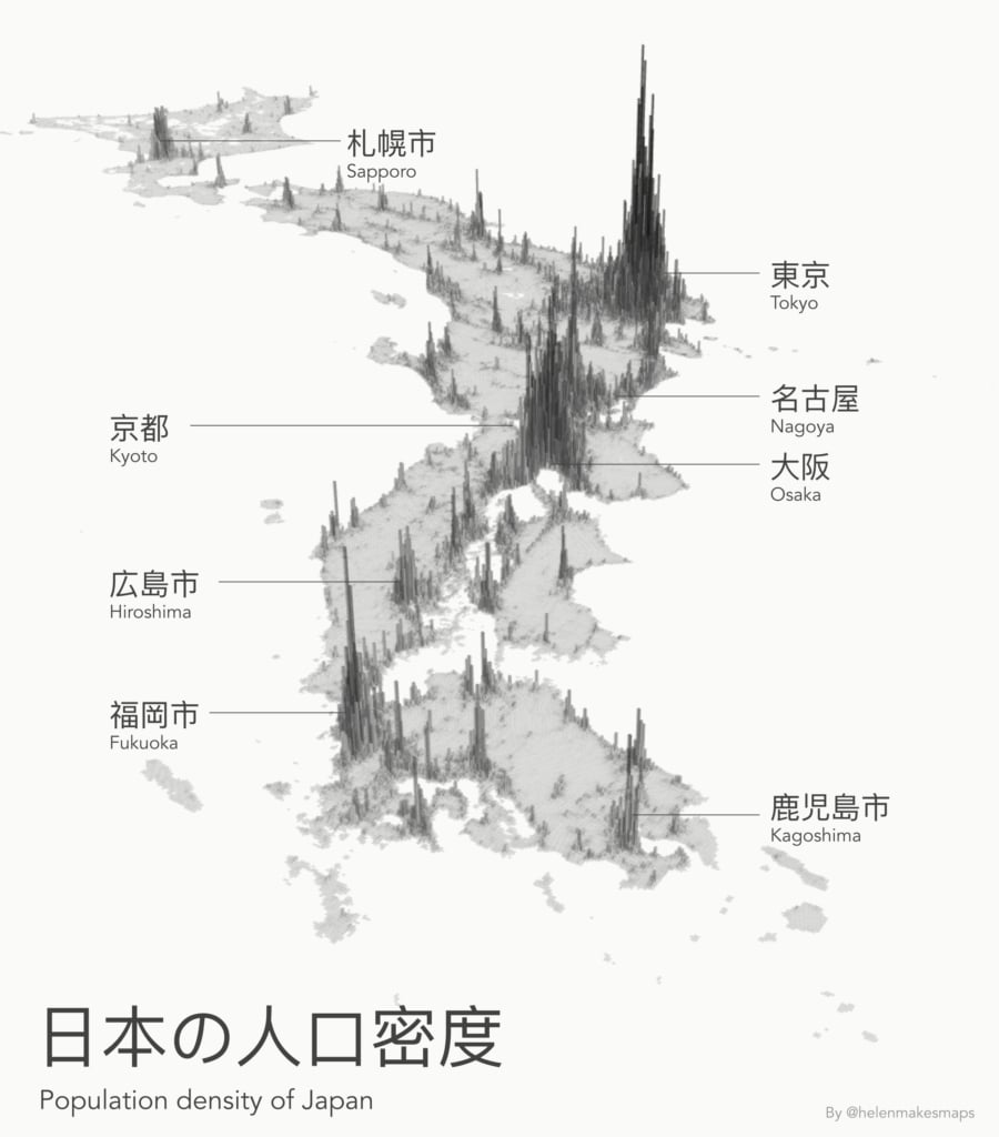 Helen McKenzie: "Population density map of Japan. Created for day 24 of the #30daymapchallenge (final week!!), theme: black &amp; white," November 24 (<strong><a href="https://twitter.com/helenmakesmaps/status/1728095220368089394">Tweet</a></strong>)