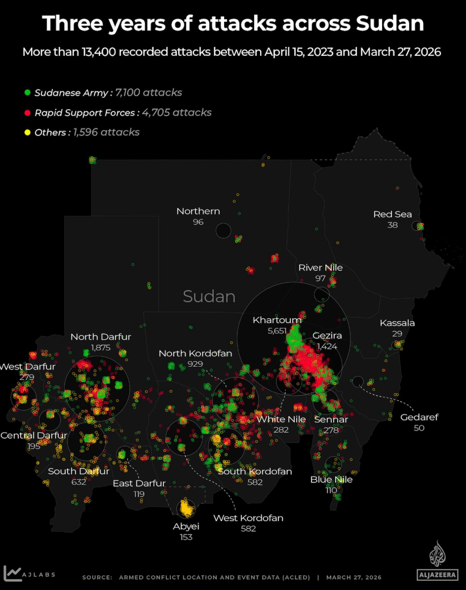 Al Jazeera: <a href="https://interactive.aljazeera.com/aje/2026/sudan-under-fire/"><strong>Three years of Sudan under fire</strong></a>, April 15