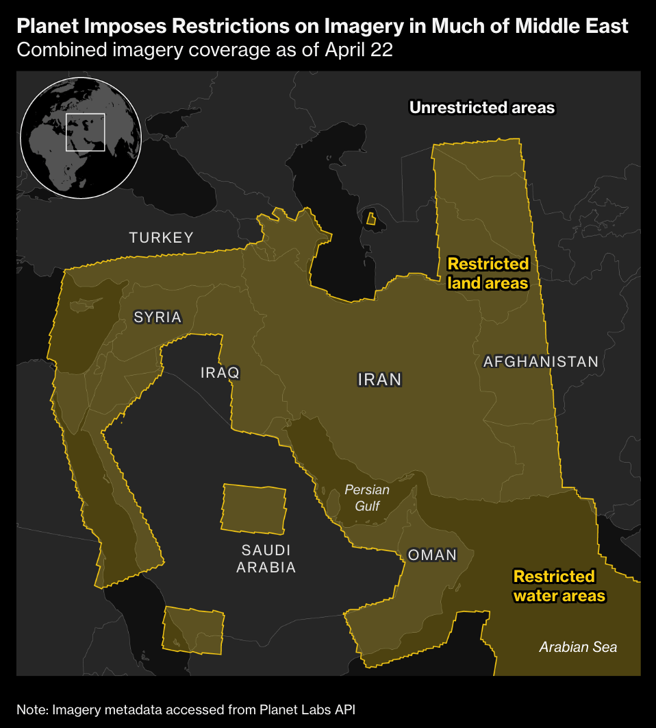 Bloomberg: <a href="https://www.bloomberg.com/graphics/2026-satellite-imagery-restrictions-iran/"><strong>Where Did the Middle East Go? Satellite Imaging in the Fog of War</strong></a>, April 23